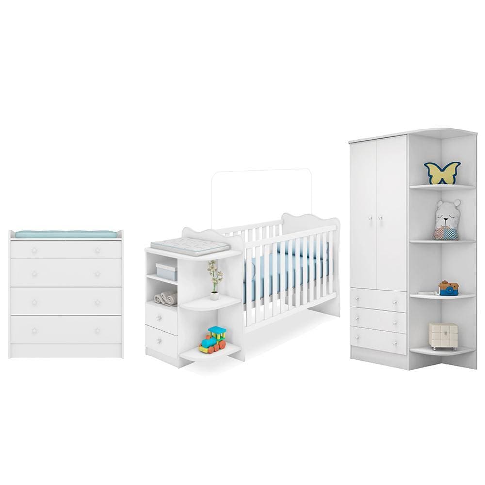 Quarto infantil Guarda Roupa, Cômoda Trocador e Berço Cantoneira Branco – Qmovi