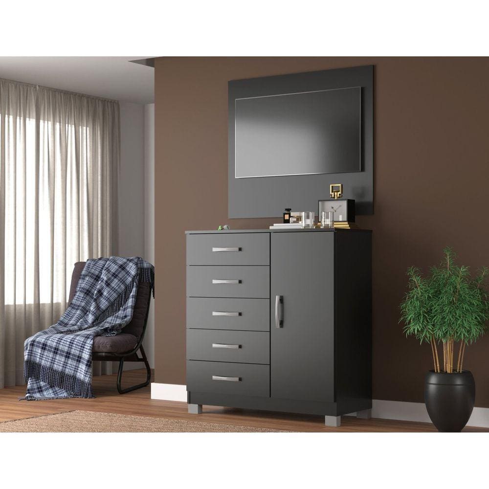 Cômoda Sapateira 1 Porta 5 Gavetas com Pés + Painel Tv até 43 Polegadas Preto