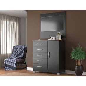 Cômoda Sapateira 1 Porta 5 Gavetas com Pés + Painel Tv até 43 Polegadas Preto