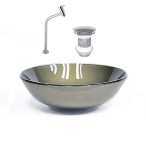 Kit Cuba Vidro Redonda 42cm Torneira e Válvula Ouro Envelhecido