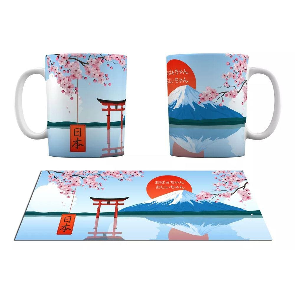 Caneca Branca Japão Avos Japoneses Sakura Tori Monte Fuji