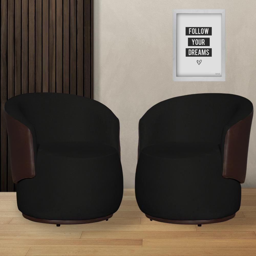 Kit 2 Poltronas Organica Beatriz Suede Preto C/ Composê Corano Marrom - LM DECOR