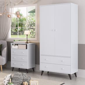 Quarto de Bebê Completo Roupeiro 2 Portas 2 Gavetas com Cômoda 3 Gavetas 1 Nicho Nuvem Móveis Percasa Branco