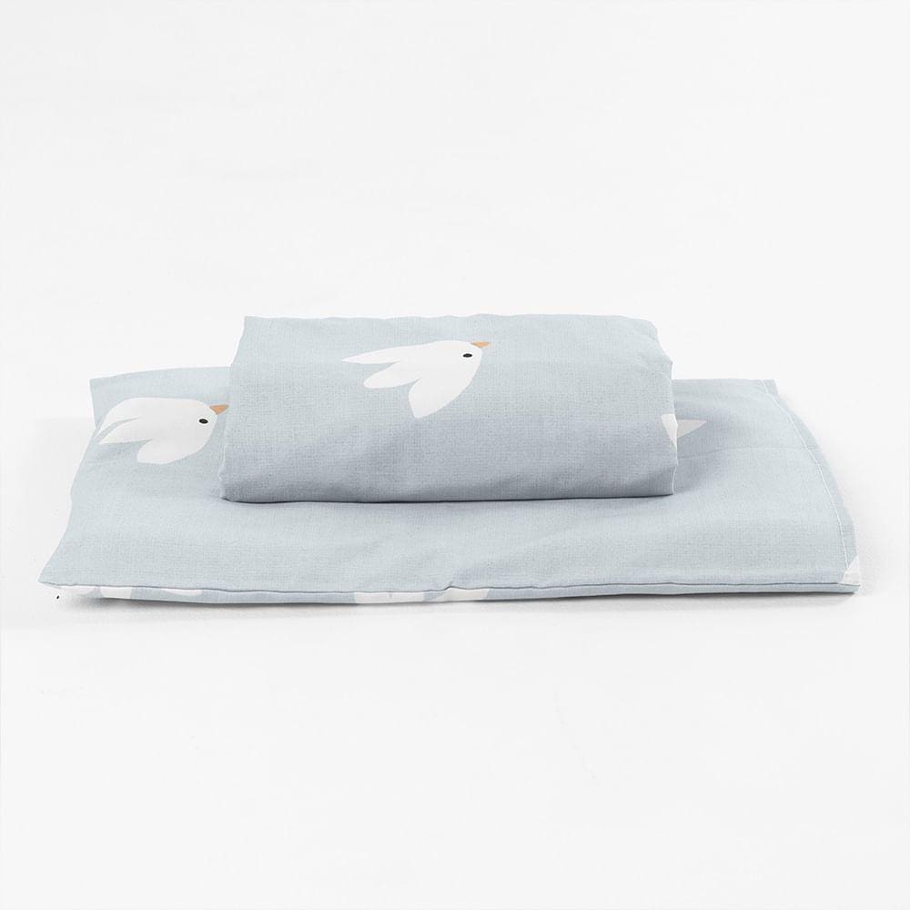 Lençol de Mini Cama com Elástico e Fronha - Pássaros Azul
