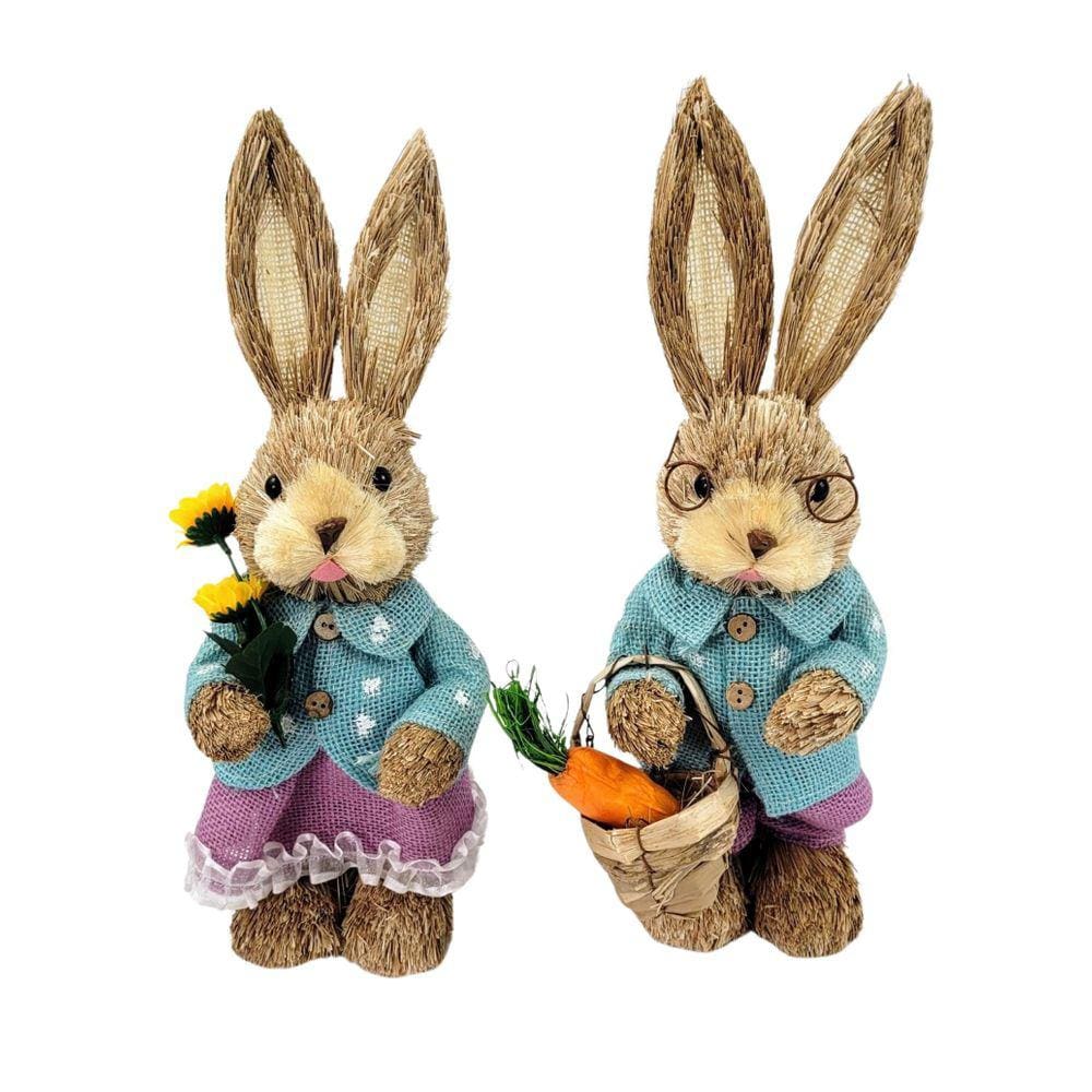 Casal De Coelho De Palha Girassol 35Cm Decoração De Páscoa