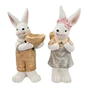 Casal De Coelho Campestre Decorativo Resina 47Cm Páscoa