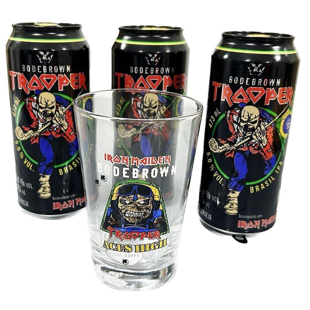 Kit 3 Cerveja Trooper Cacau Iron Maiden 473Ml + Copo 350Ml