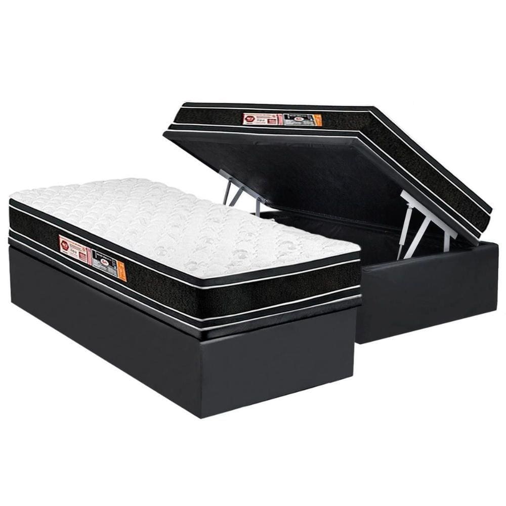 Cama Box Baú Solteiro: Colchão Espuma Castor D33 Black e White Air Double Face Euro Pillow + Base CRC Suede Gray(88x188)
