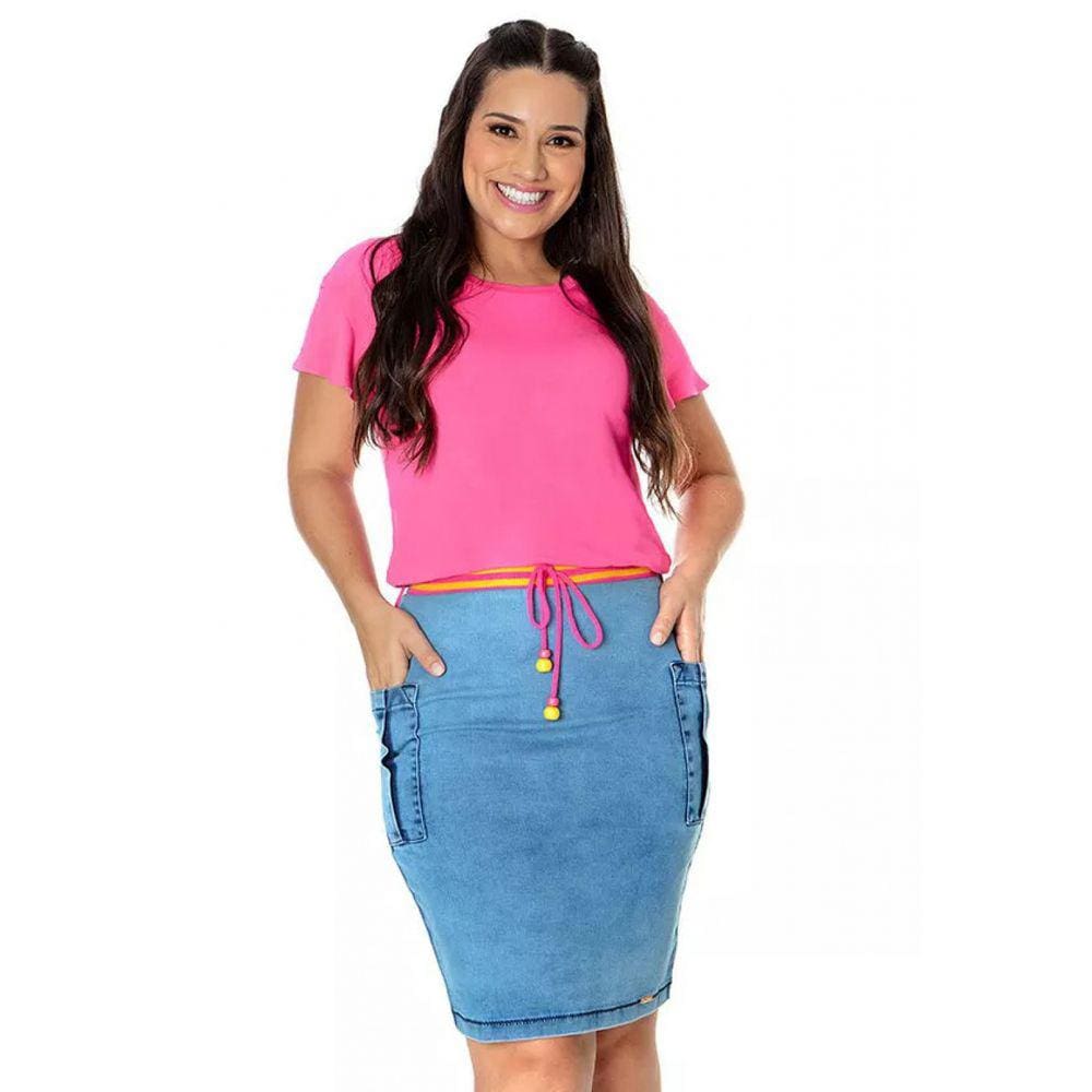 Saia Hapuk Luna Jeans Lavagem Elástico Pink 28805