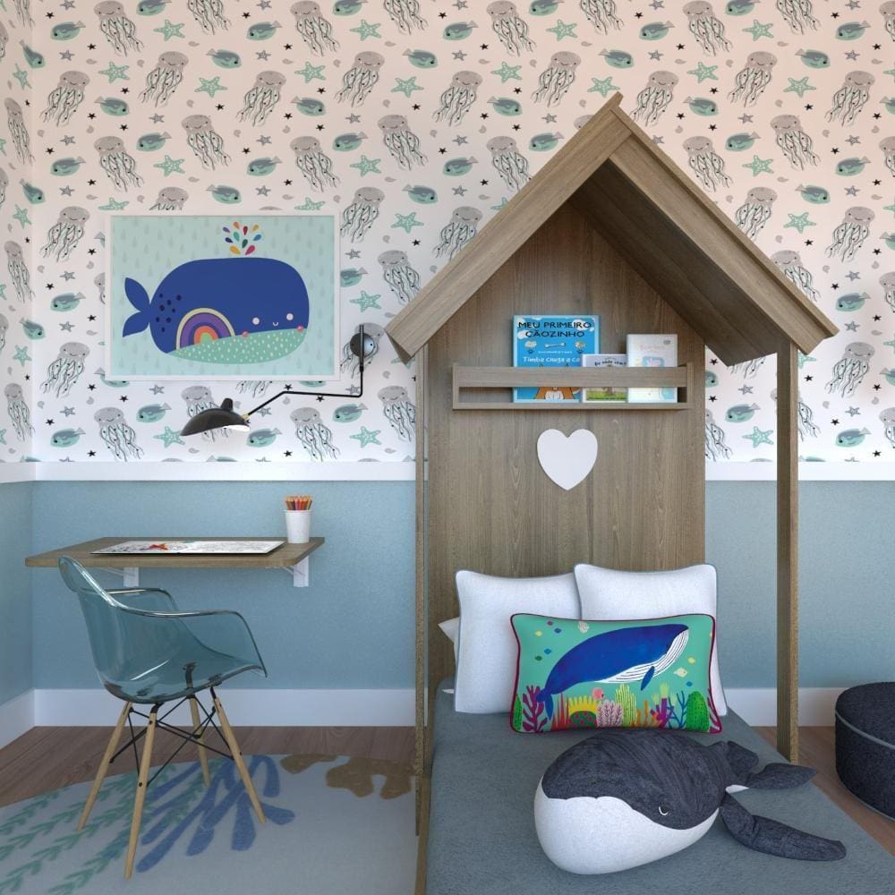 Quarto Infantil Cama Helena e Mesa Dobrável KitCubos Carvalho