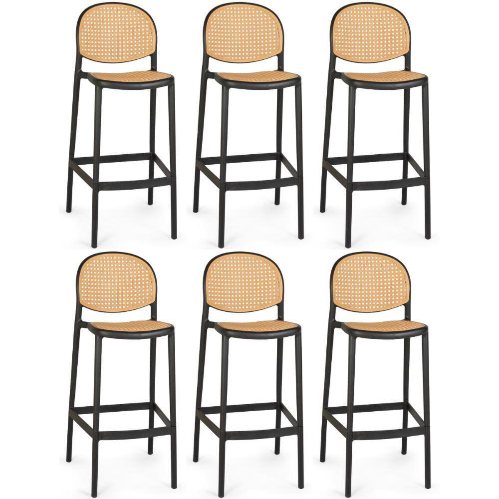 Kit 6 Banqueta Alta com Encosto Roma em Polipropileno - Preto