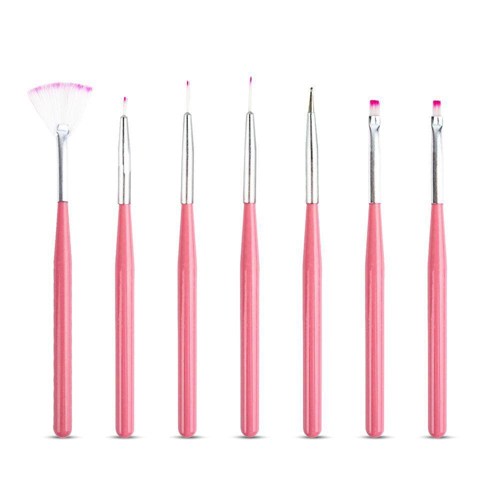 Kit 6 Pincéis + 1 Boleador Rosa Decoração de Unhas Nail Art