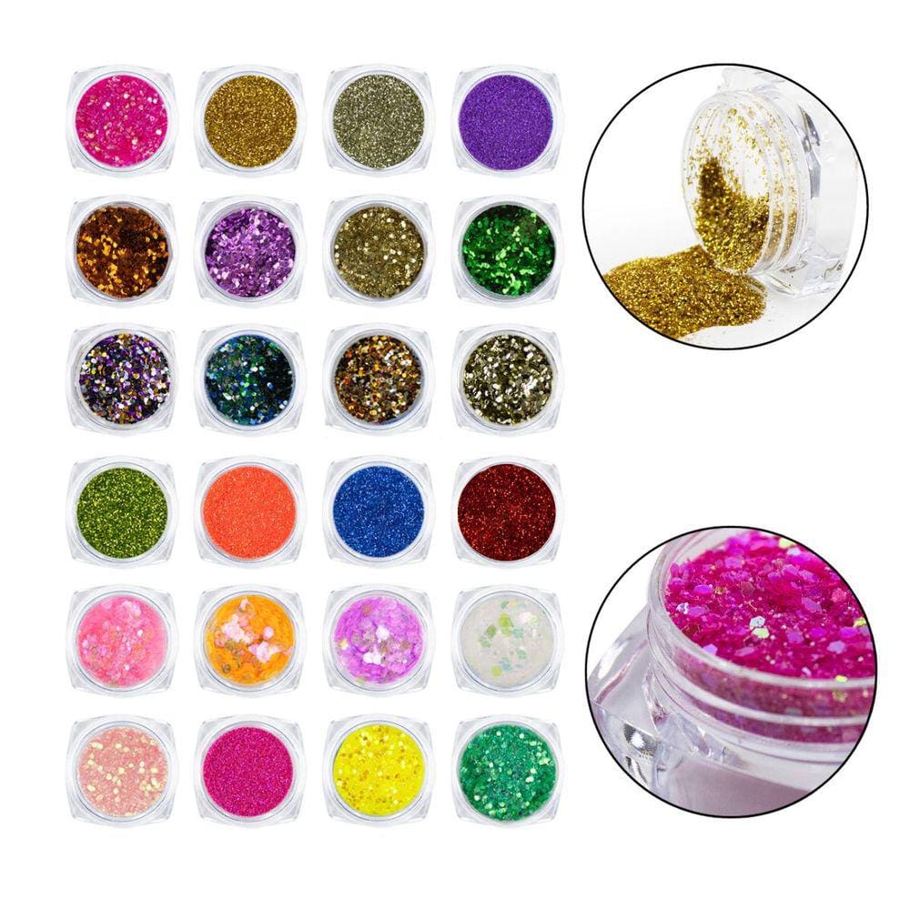 Kit 24 Glitters Flocado Fino Holográfico Nail Art Unhas Gel