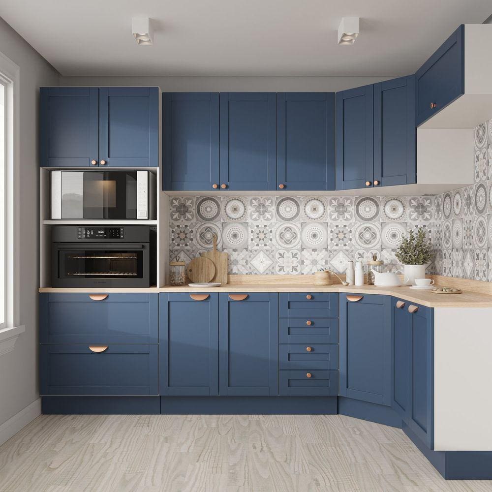 Cozinha Modulada 7 Peças com Tampo 3 Aéreos 3 Balcões e Torre Quente Arizona CabeCasa MadeiraMadeira Branco/Azul