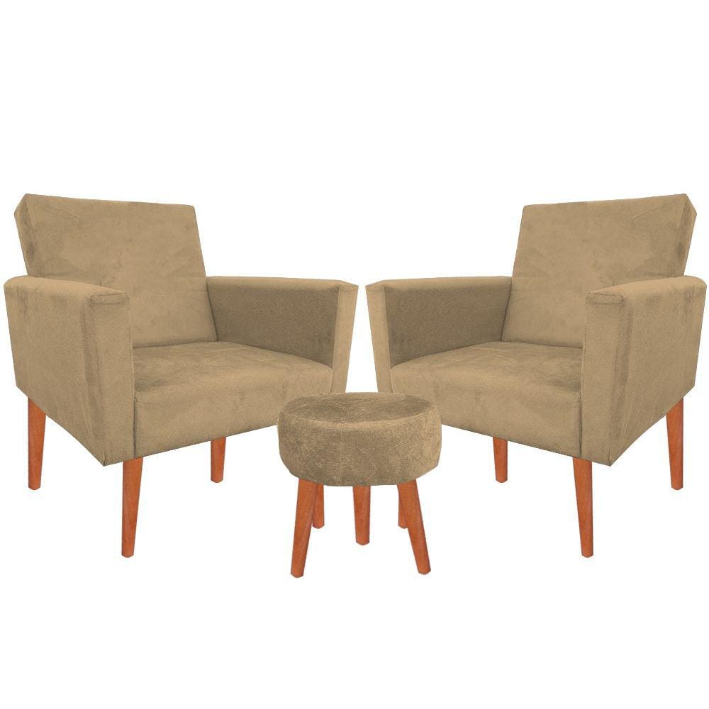 Kit 02 Poltronas Luxo Decorativas Nina E Puff Suede Capuccino