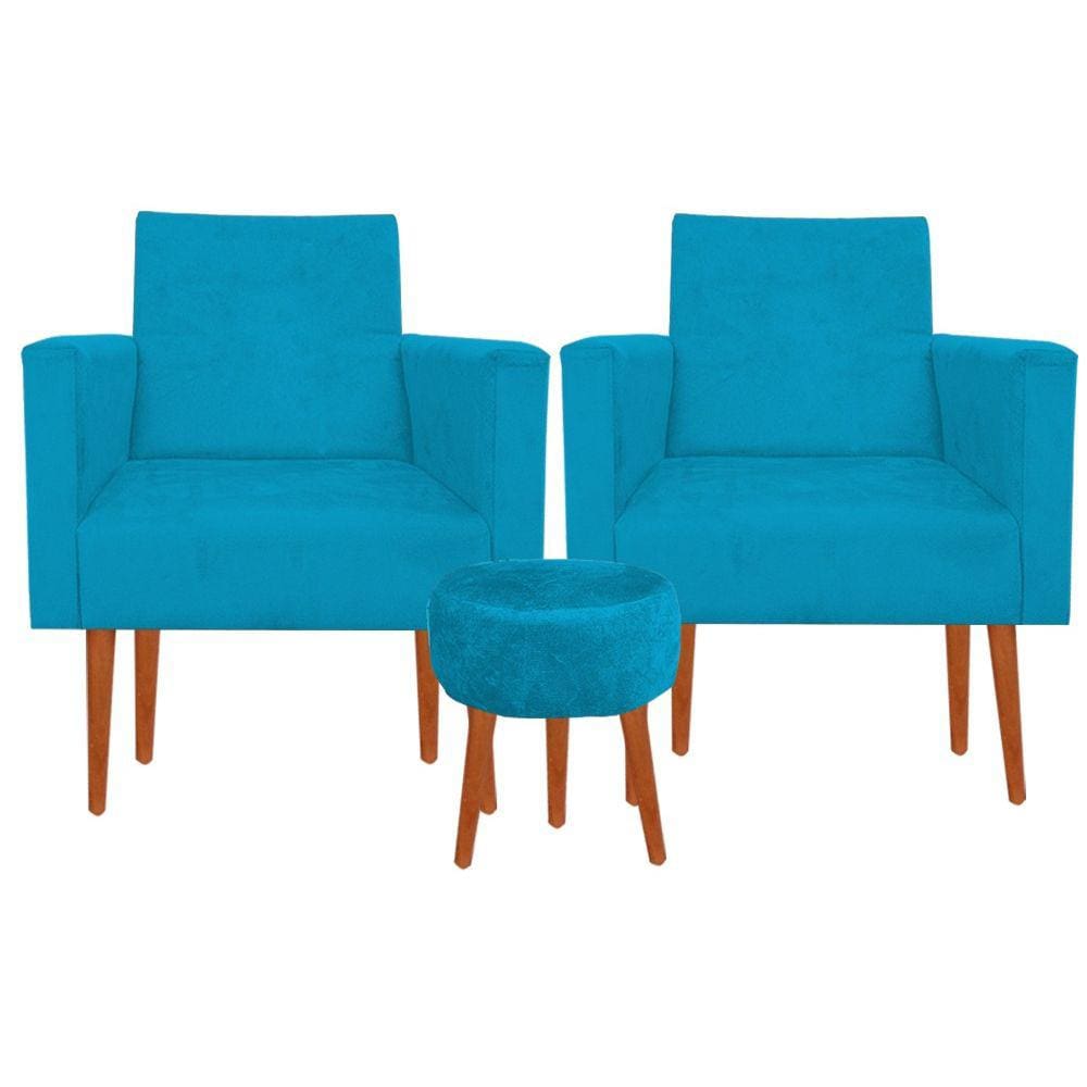 Kit 02 Poltronas Luxo Decorativas Nina E Puff Suede Turquesa