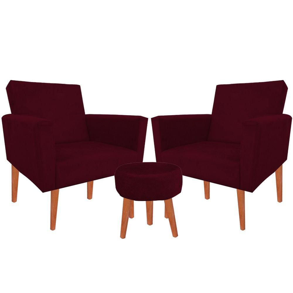 Kit 02 Poltronas Luxo Decorativas Nina E Puff Suede Bordo