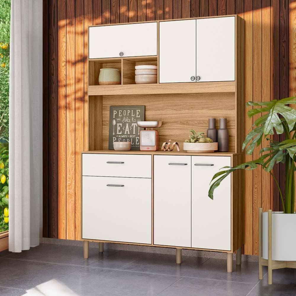 Armário De Cozinha 6 Portas 1 Gaveta 120 cm Freijó Off White Cristal Camomila Shop JM