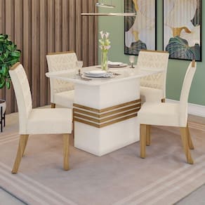 Conjunto Sala De Jantar Tampo Mdf Com Vidro Canto Arredondado 120 Cm 4 Cadeiras Melinda Nature Com Off White E Linho
