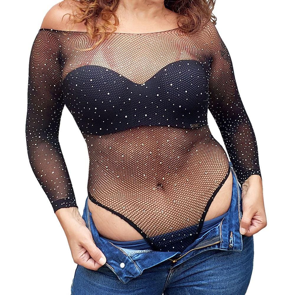 Body Manga Longa Arrastão com Strass + Sutiã Tomara Caia Preto Alça Removível