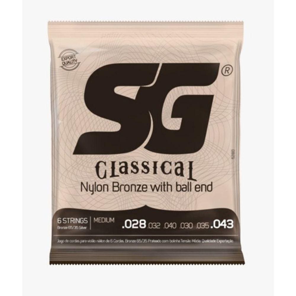 Encordoamento SG Classical Nylon Bronze 65/35 Prata Tensão Média com Bolinha para Violão - Medium 6 Strings 028 a 043
