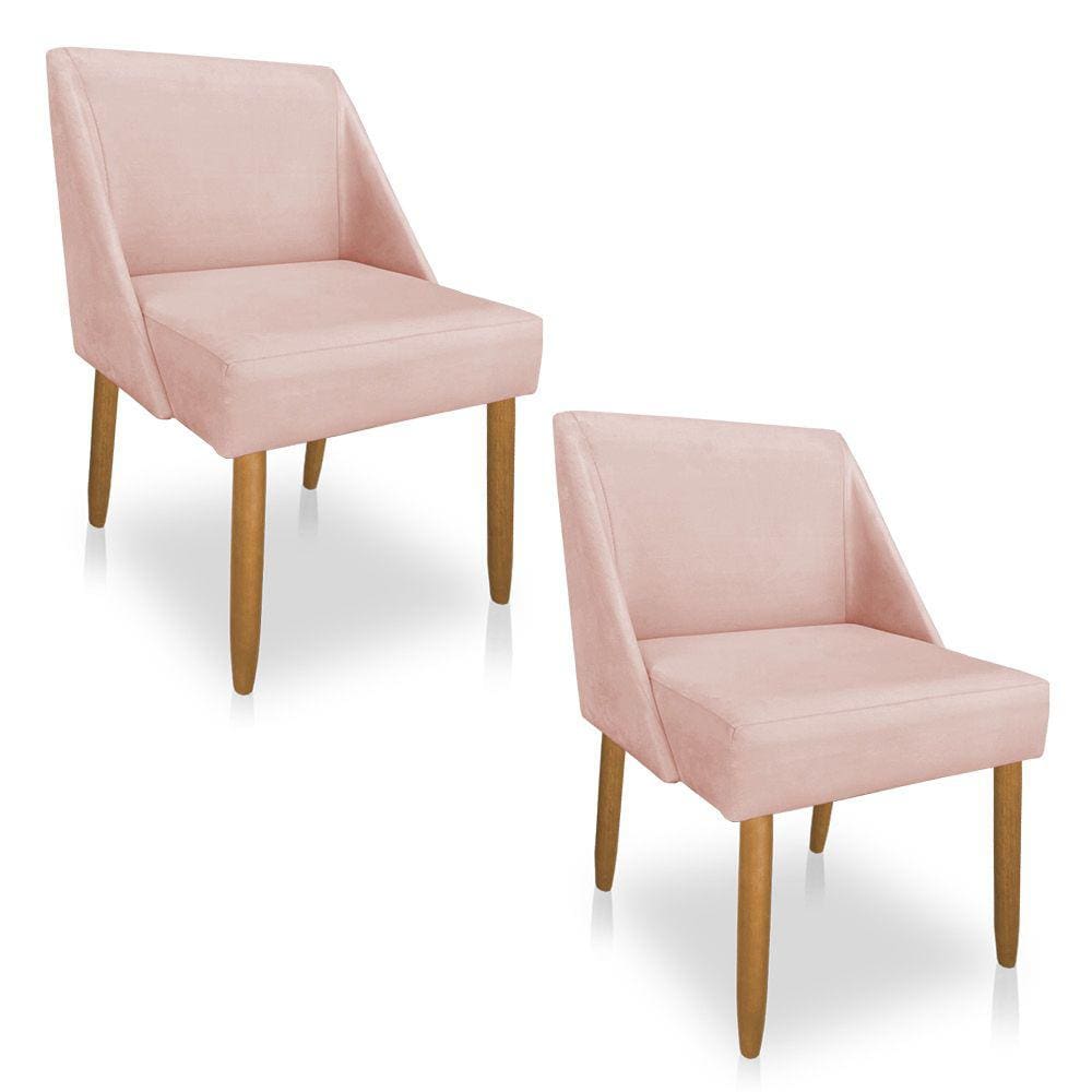 Kit 02 Cadeiras Poltona Juliana Suede Rosa Bebê Pés Palito Castanho - Pallazio