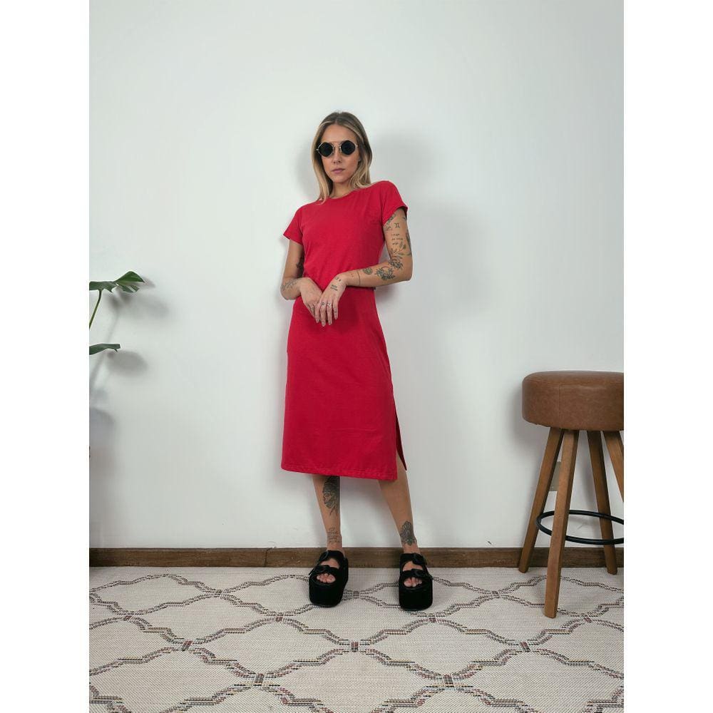 Vestido Midi Camiseta Com Fenda Aveloz Vermelho
