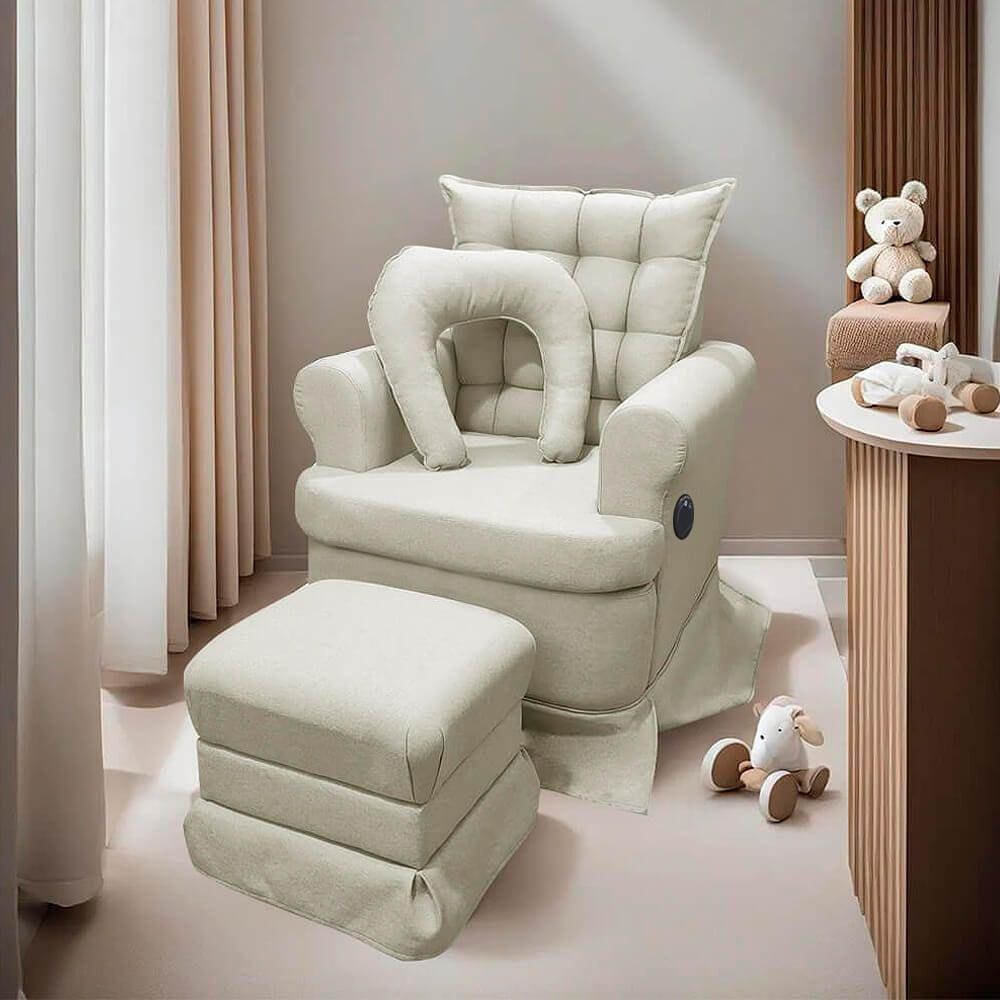 Kit Poltrona de Amamentação Aconchego com Massagem Base Balanço + Puff Linho Bege SOFA STORE