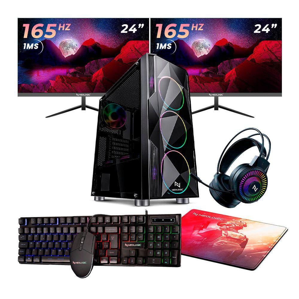 Kit - Pc Gamer Amd Ryzen 5 5600G 16Gb (Rtx 3060 12Gb) Ssd 1Tb + 240Gb M.2 500W 80 Plus + 2 Monitores Neologic 24165Hz, Neologic Streamer - Nli85852