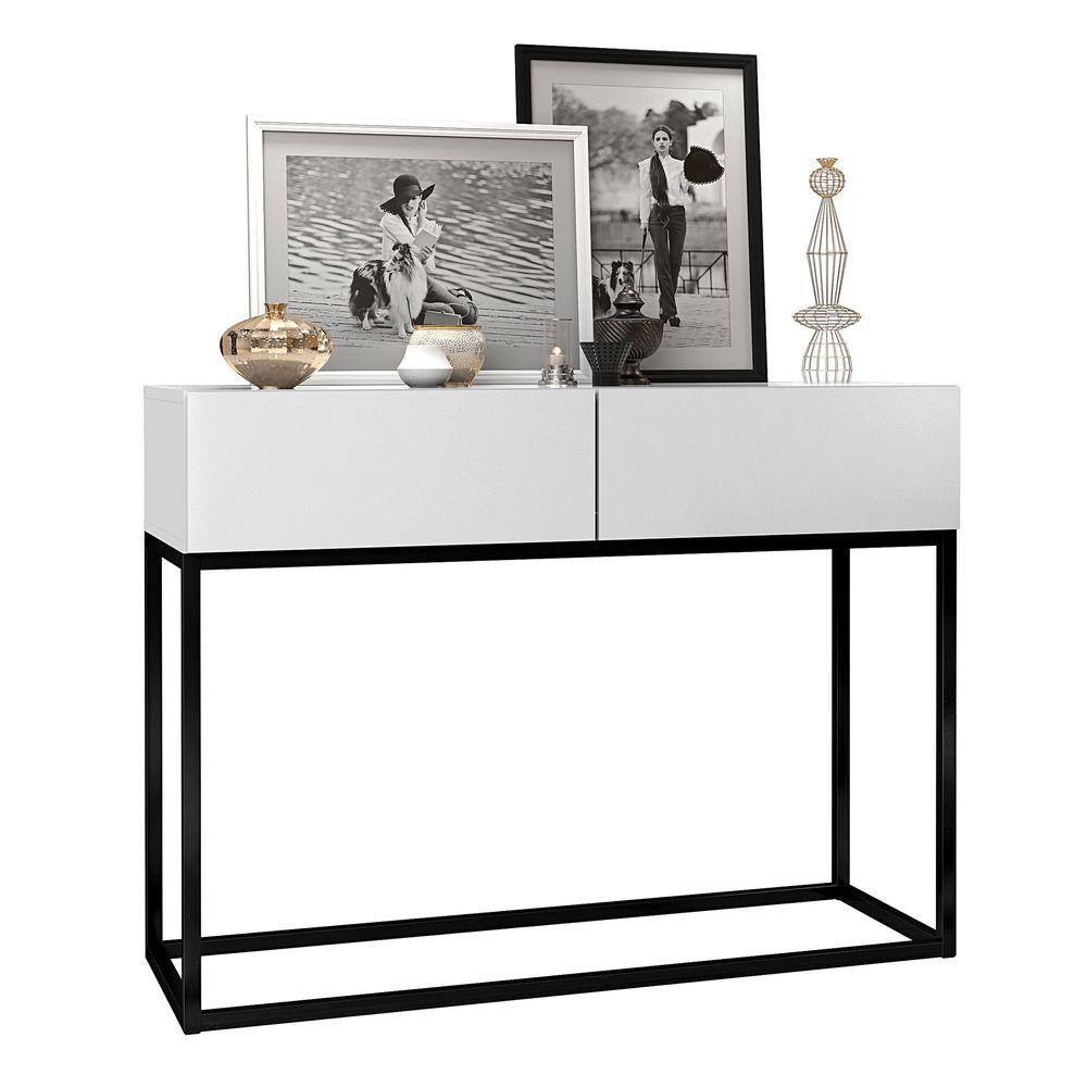 Aparador Eros Branco 90cm Estilo Industrial 2 Gavetas Pés de Ferro Preto