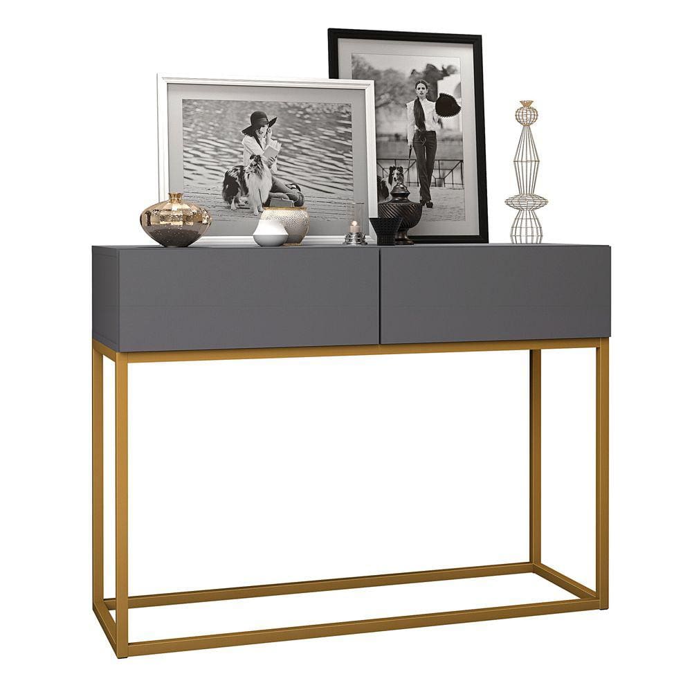 Aparador Buffet Hall De Entrada Luxo Eros 02 Gavetas 90cm Cinza Com Dourado