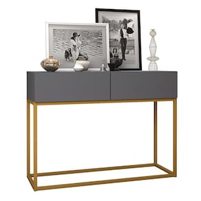 Aparador Eros Cinza 90cm Estilo Industrial 2 Gavetas Pés de Ferro Dourado