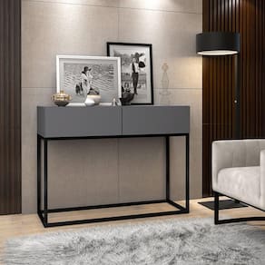 Aparador Eros Cinza 90cm Estilo Industrial 2 Gavetas Pés de Ferro Preto
