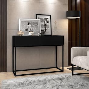 Aparador Eros Preto 90cm Estilo Industrial 2 Gavetas Pés de Ferro Preto