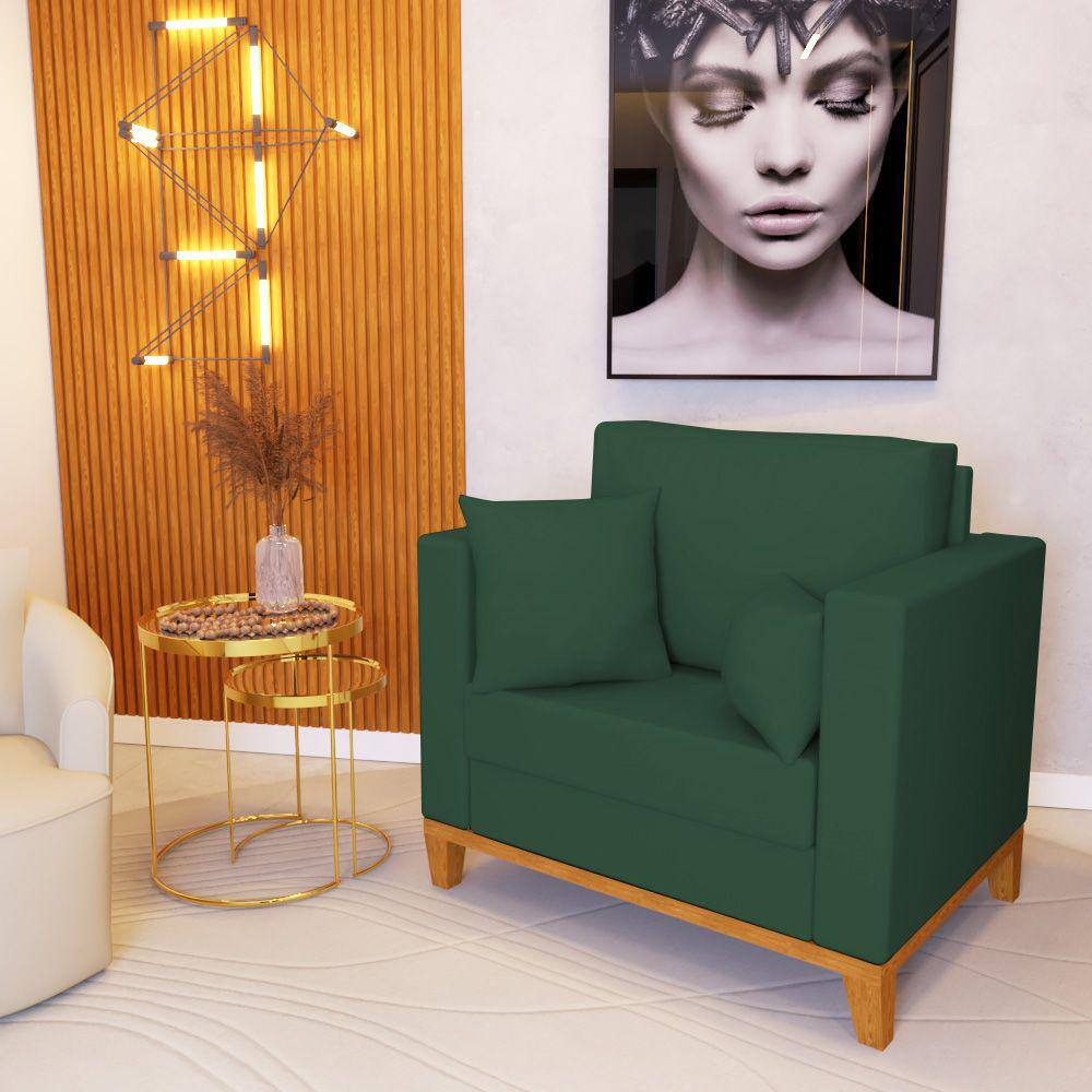 Poltrona Beny Decorativa com 2 Almofadas Veludo Verde Base em Madeira Maciça