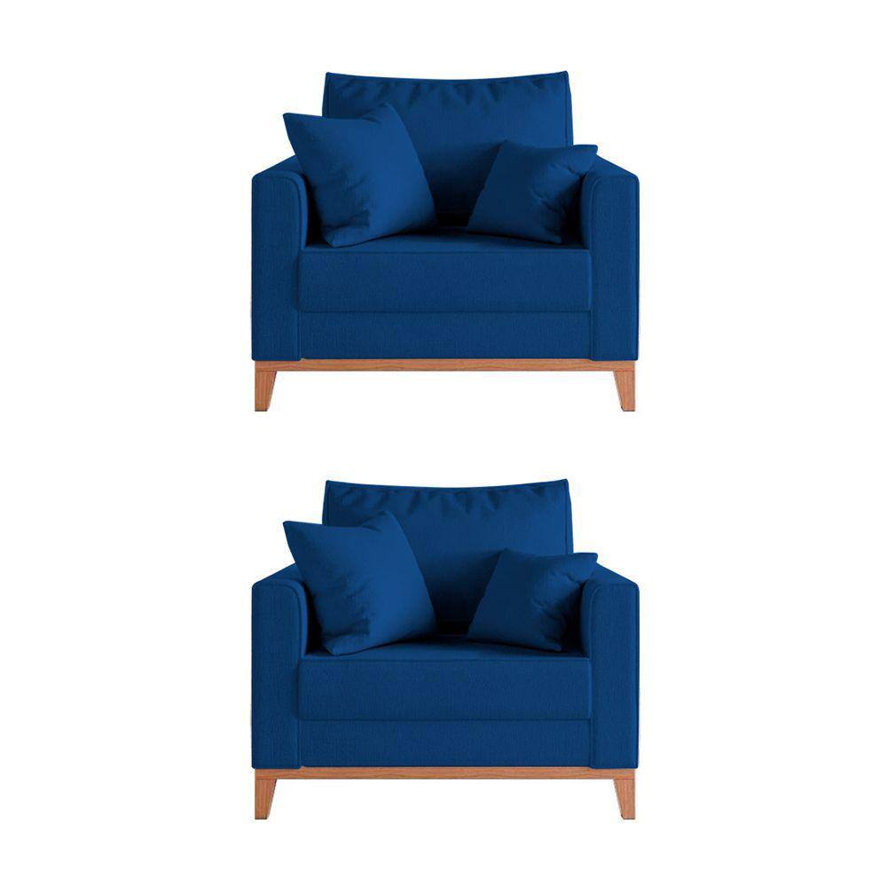 Kit 2 Poltronas Beny para Recepção com 2 Almofadas Veludo Azul Base em Madeira Maciça