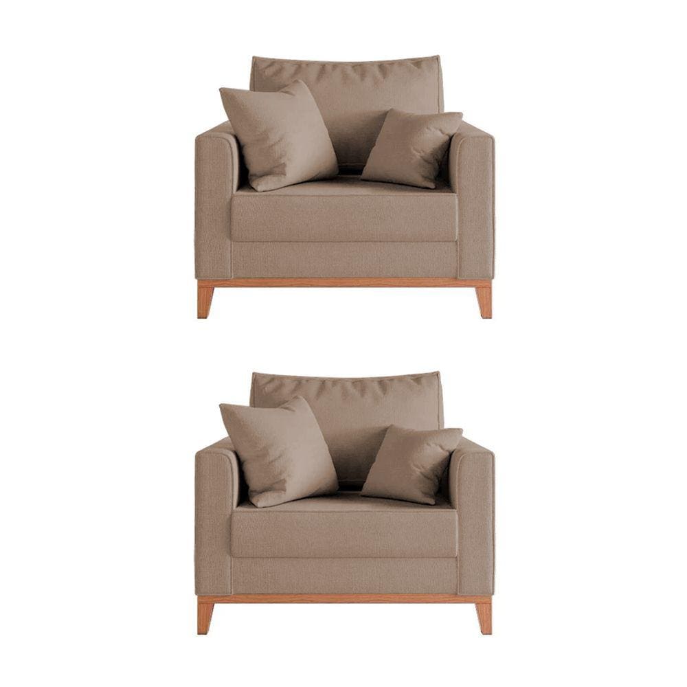 Kit 2 Poltronas Beny Decorativa com 2 Almofadas Veludo Bege Base em Madeira Maciça