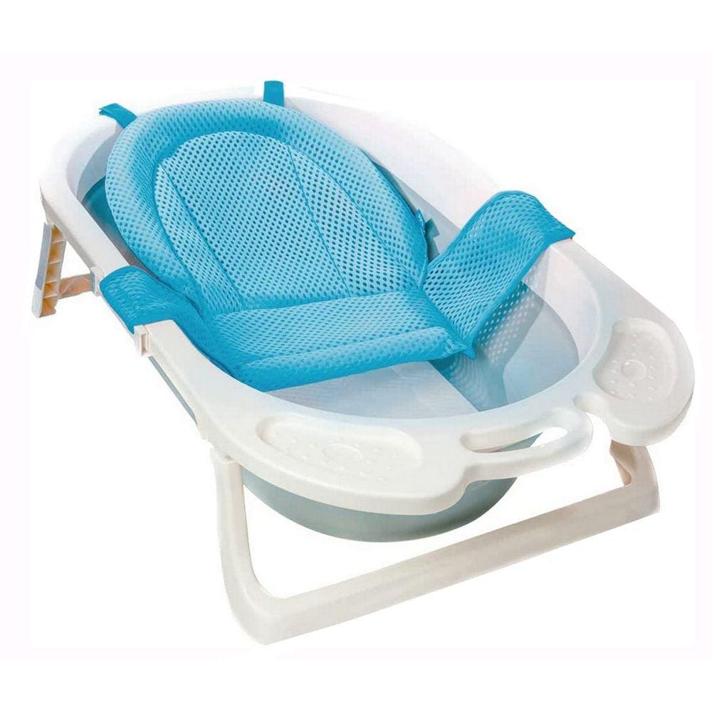 Kit Banho Banheira + Redinha Para Banheira Bebê Azul Menino Infantil Dobrável Com Suporte Confortável Buba