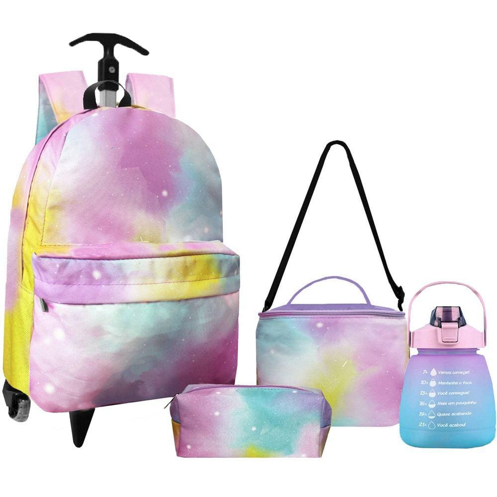 Kit Mochila Escolar Rodinhas Tie Dye Poliéster Menina Infantil Juvenil Lancheira Térmica Estojo Garrafa Impermeável ColoriCasa