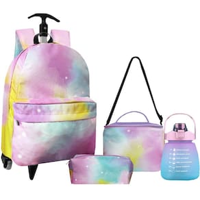 Kit Mochila Escolar Rodinhas Tie Dye Poliéster Menina Infantil Juvenil Lancheira Térmica Estojo Garrafa Impermeável ColoriCasa