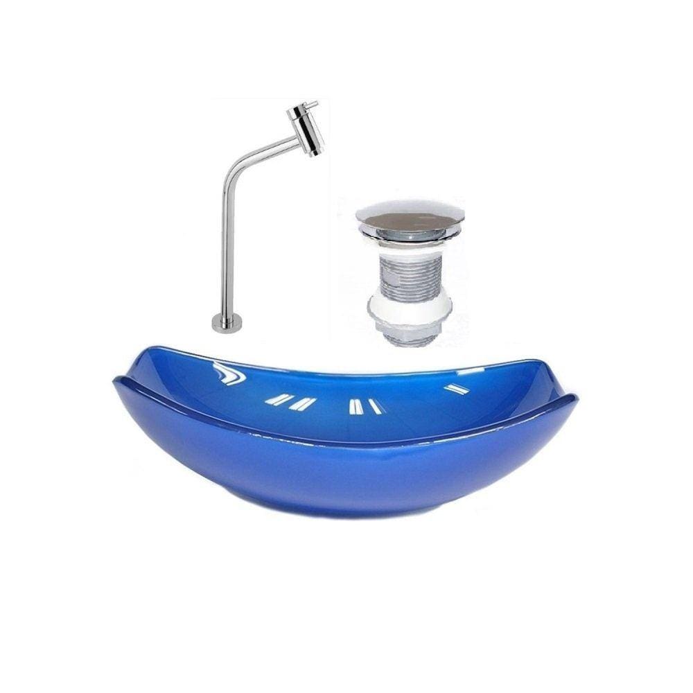Kit Cuba de Vidro + Torneira para Lavatório Oval Chanfrada 46cm Azul Escuro