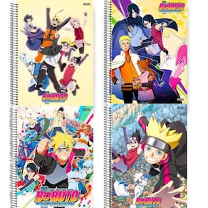Kit 4 Caderno Boruto Grande Adesivo Pauta Arame Capa Dura