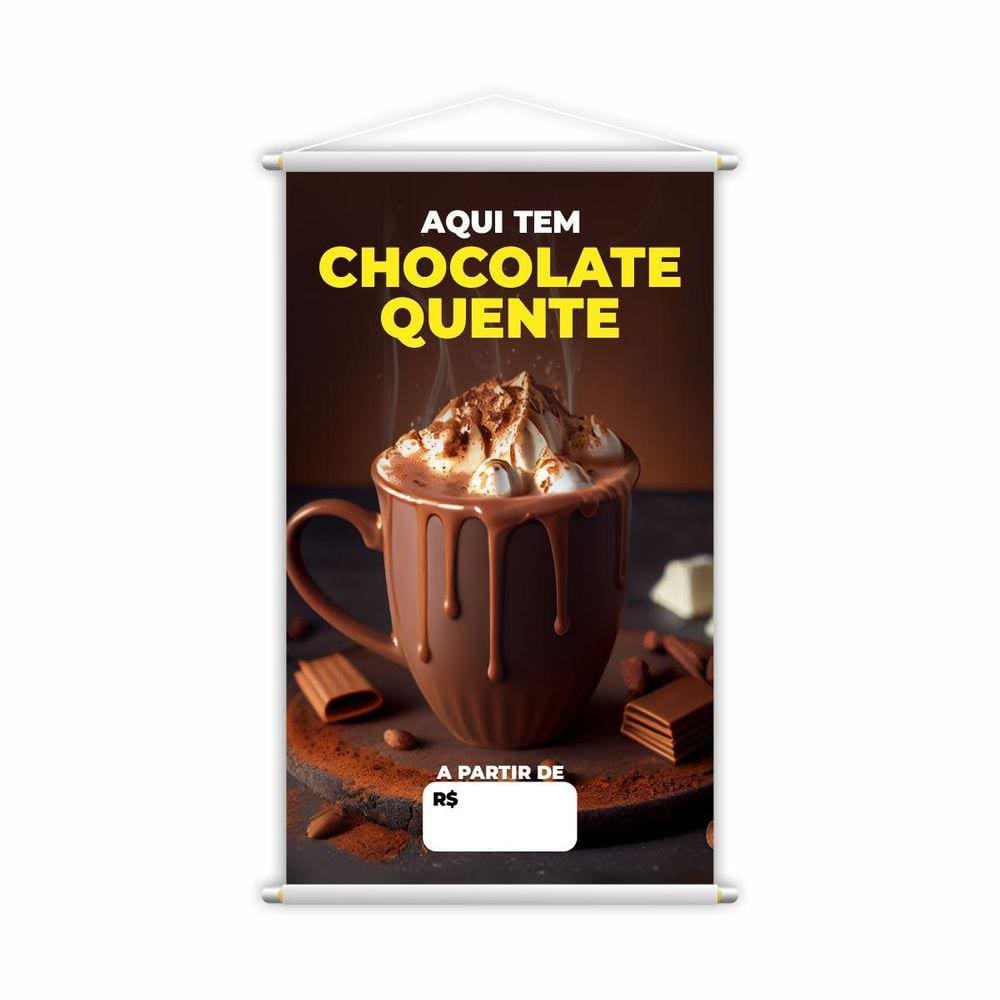 Banner Aqui Tem Chocolate Quente Preço Branco Lona 80X50Cm
