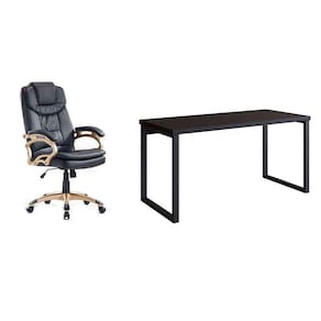 conjunto de mesa miguel 150 cm com cadeira de escritório presidente giratória com relax clark preta e dourada