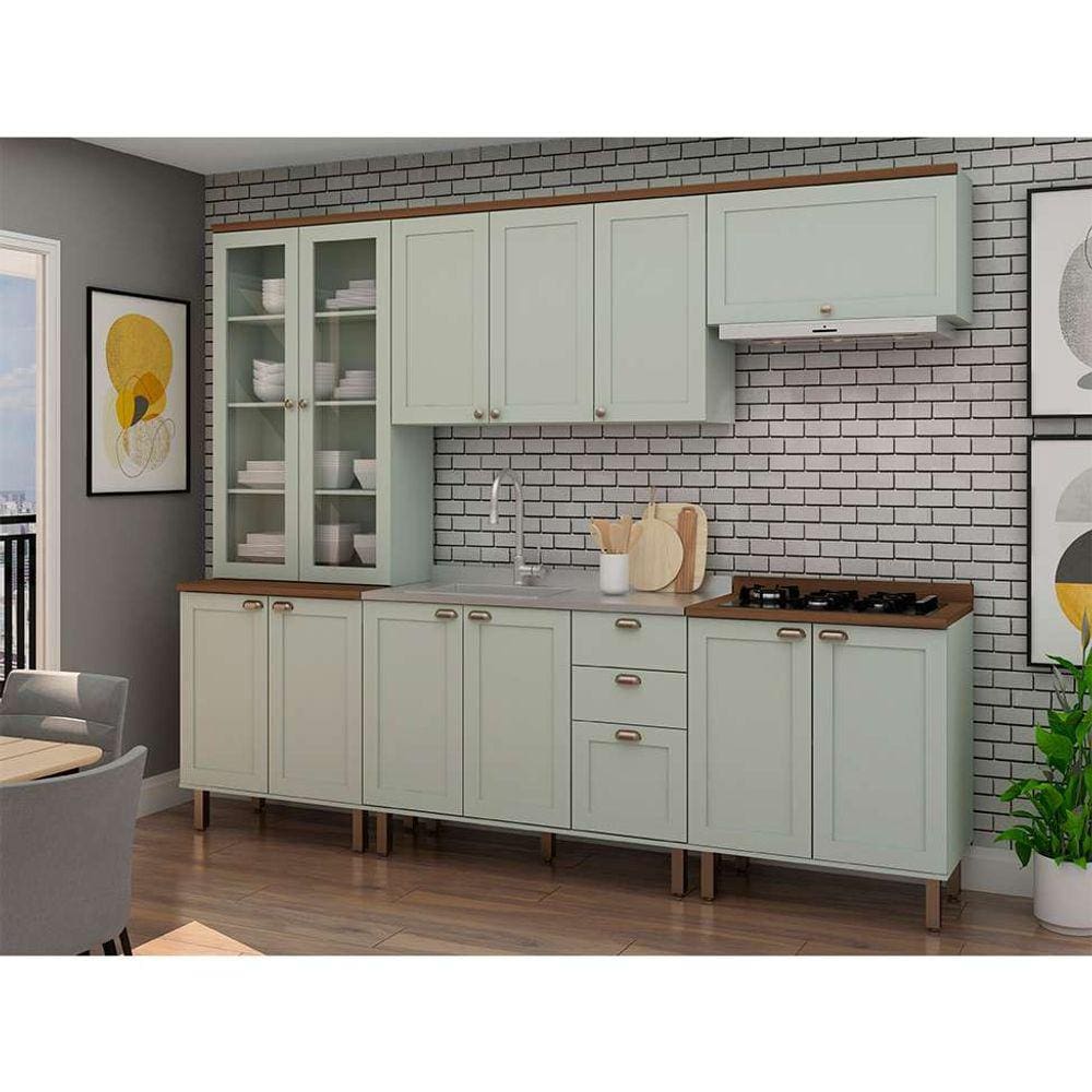 cozinha compacta iluminata com vidro 12 pt 3 gv verde mint e Ébano