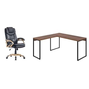 conjunto de mesa kuadra nogal 150 cm com cadeira de escritório presidente giratória com relax clark preta e dourada