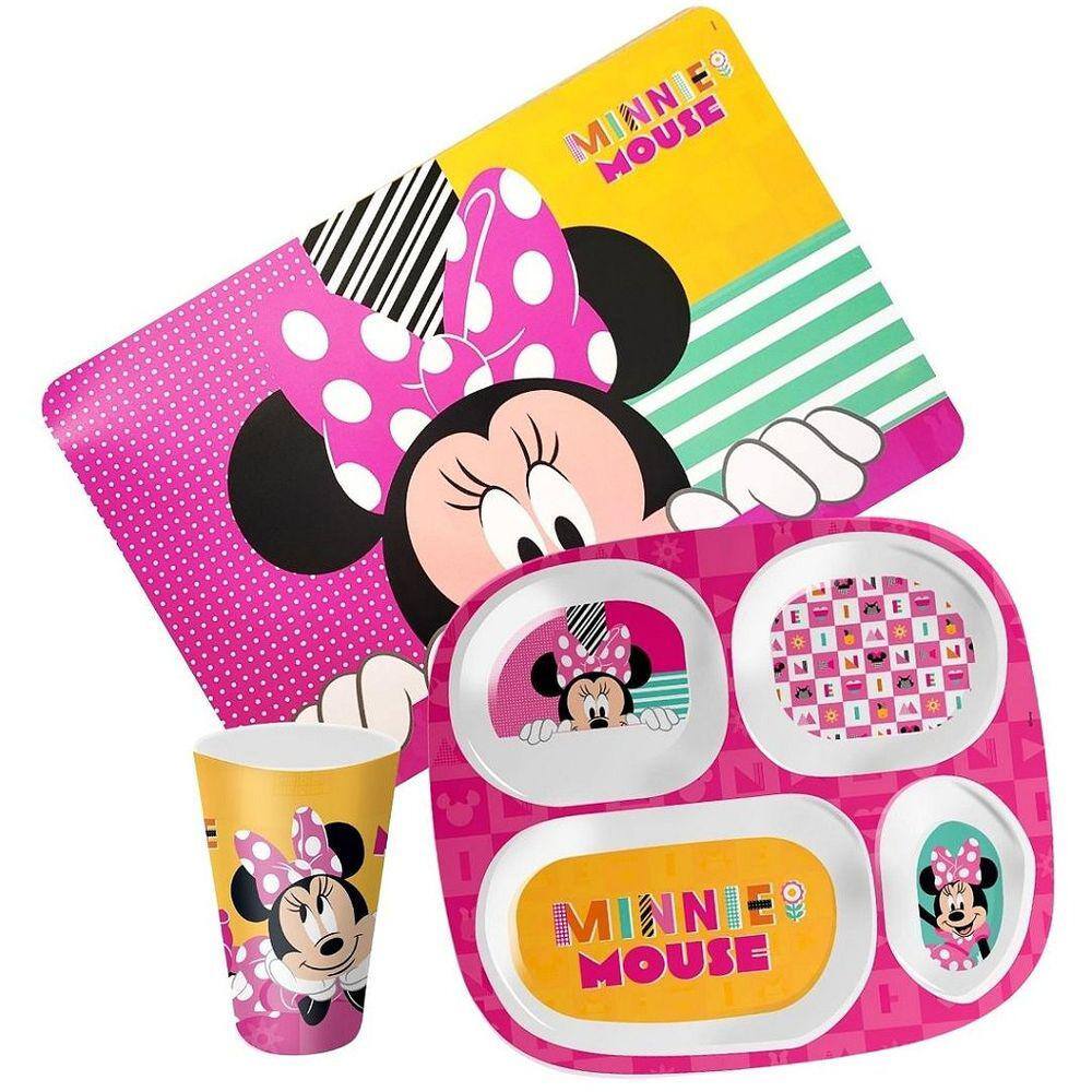 Kit Refeição Infantil Melamina Minnie Disney Prato Divisórias, Copo e Lugar Americano - Tuut