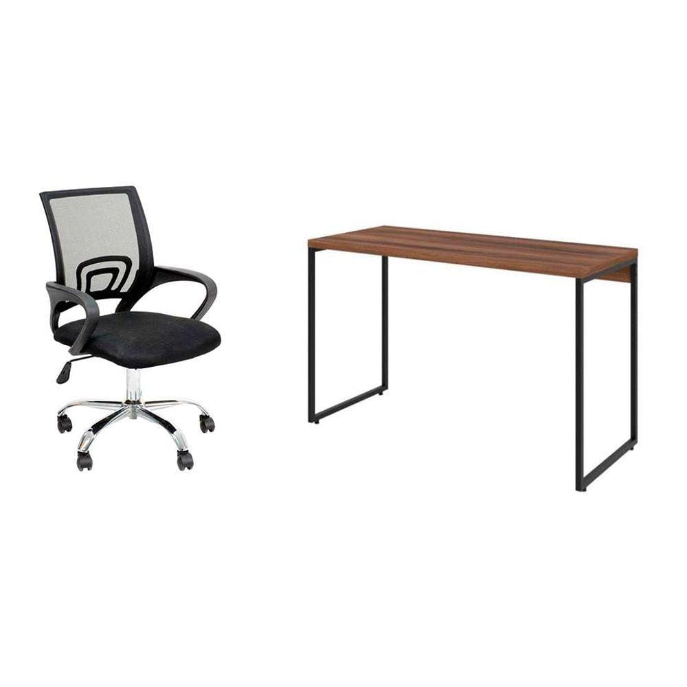 conjunto de mesa studio nogal 120 cm com cadeira de escritório secretária giratória javix preta