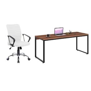 conjunto de mesa kuadra nogal e preta com cadeira de escritório diretor giratória oslo branca