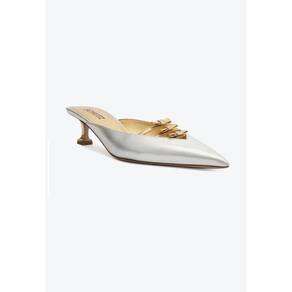 Sapato Mule Salto Kitten Camurça Laço Prata